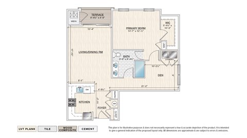 Floor plan for 1 bed, 1 bath, 975 sqft